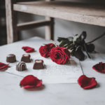 Valentine's Day flat lay composition on a clean white marble surface.