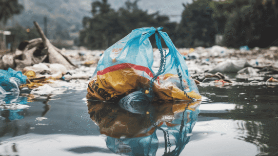 a-colorful-plastic-bag-floating in the water among other plastic waste