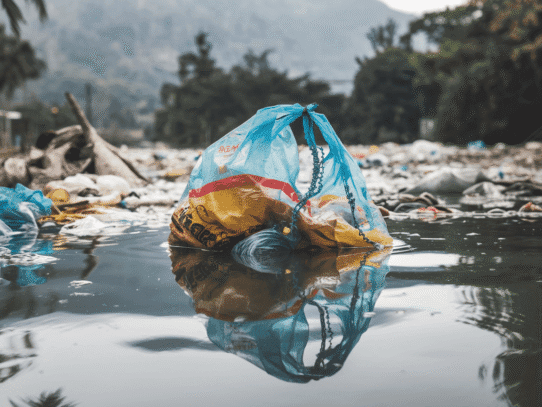 a-colorful-plastic-bag-floating in the water among other plastic waste