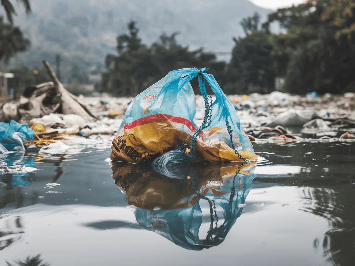 a colorful plastic bag floating in the water among other plastic waste