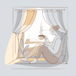 A serene minimalist scene of a person enjoying a peaceful morning ritual: sitting by a window with a steaming cup of coffee, watching sunrise light filter through curtains.