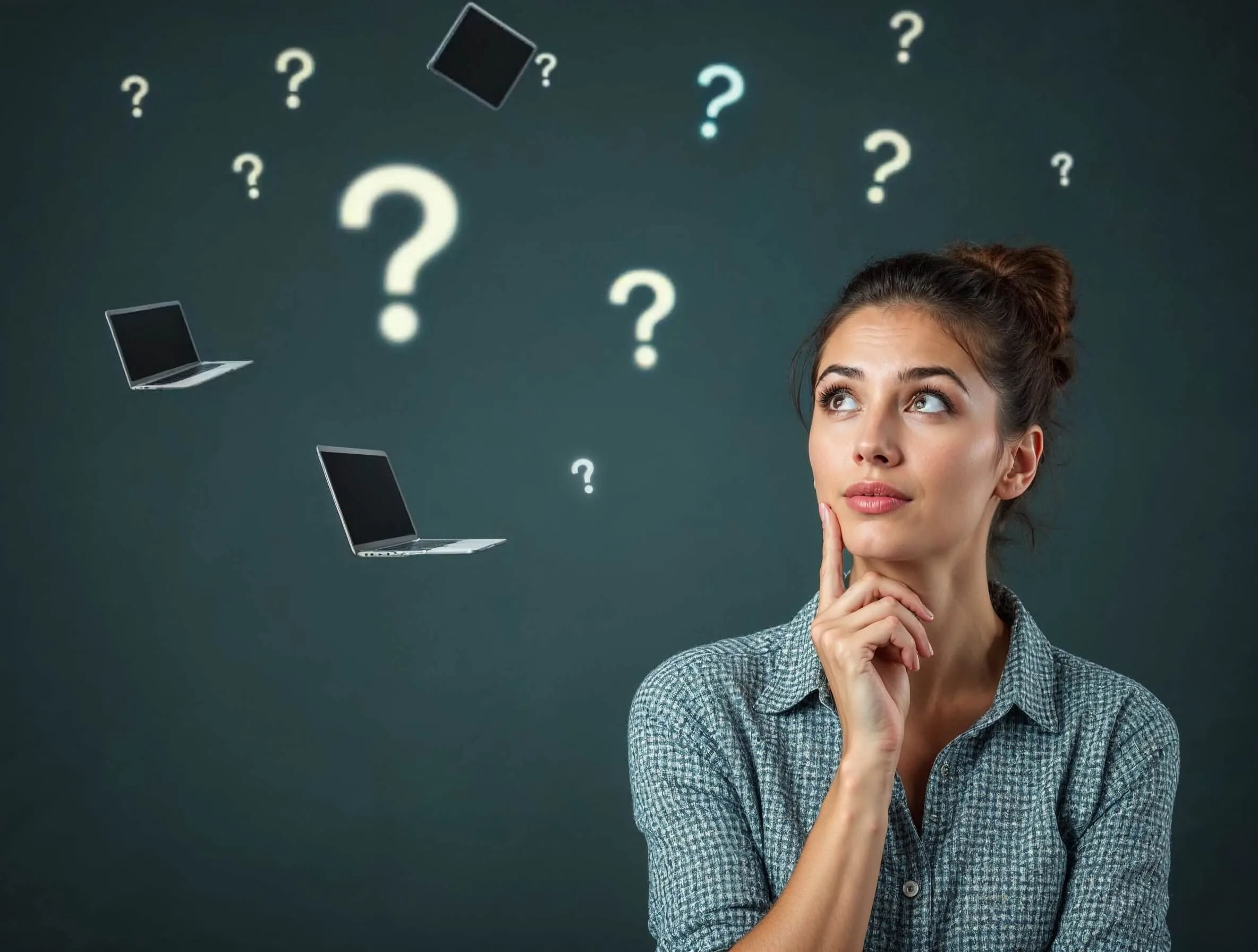 a woman with hand on chin pondering, various laptops floating overhead with question marks