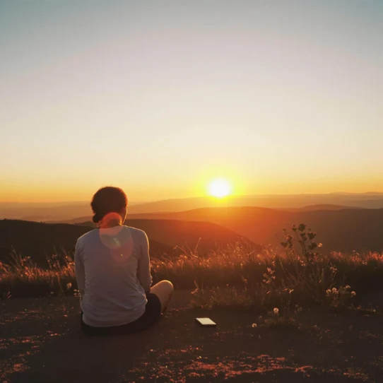Peaceful person enjoying sunset on hilltop