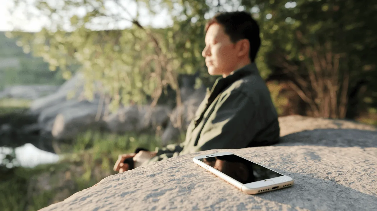 A person peacefully sitting in nature with smartphone placed aside