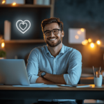 Professional in modern office environment smiling confidently, brain icon with heart symbol overlay, warm lighting, clean workspace, documents and laptop visible, professional attire
