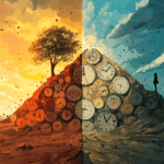 A surreal landscape divided in two: left side shows a person trapped in quicksand of clock faces and distractions, right side shows same person climbing a mountain of completed tasks with a sunrise behind them