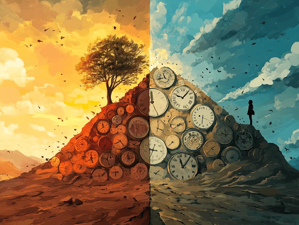 A surreal landscape divided in two: left side shows a person trapped in quicksand of clock faces and distractions, right side shows same person climbing a mountain of completed tasks with a sunrise behind them