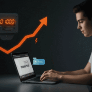 A-person-typing-thank-you-to-a-chatbot-with-electricity-meters-rising-in-background - dailyglowandgrow A man chatting with a chatbot