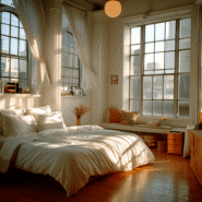 A bedroom set with clean bedding