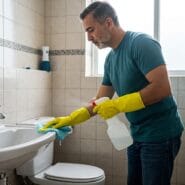A man cleaning pink mold in the bathroom