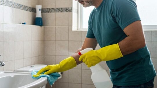 A man cleaning pink mold in the bathroom