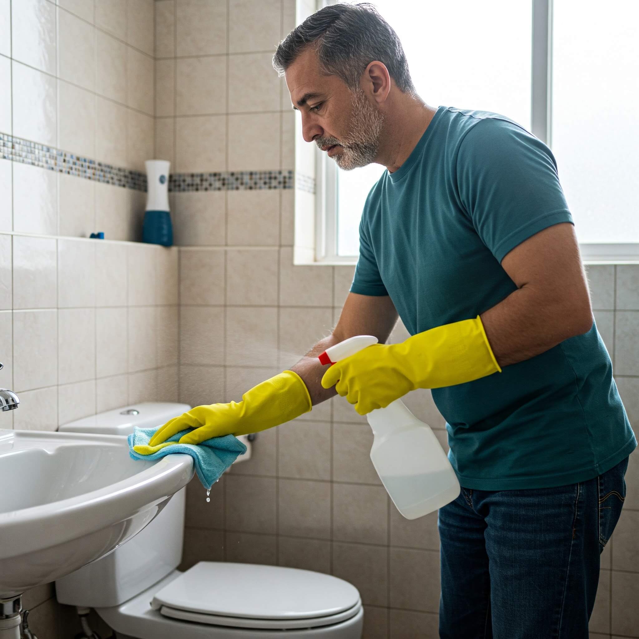 5 Quick Ways to Remove Pink Mold from Your Bathroom Person cleaning bathroom wearing gloves, spray bottle in hand