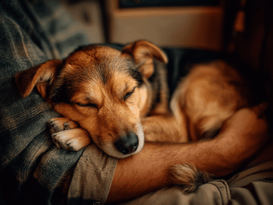 A dog peacefully sleeping in a person's arms