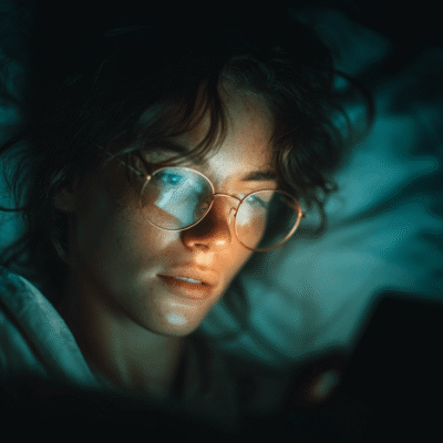 A person lying in bed in a dark room and watching a smartphone