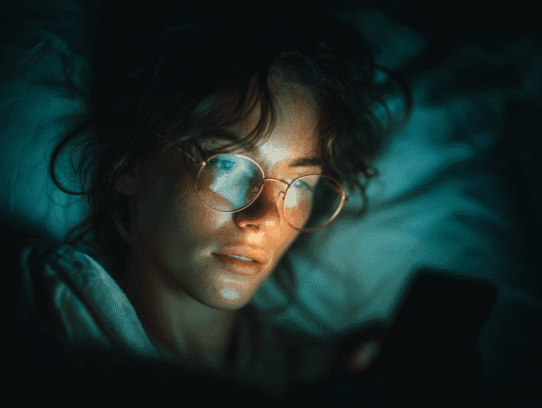 A woman lying in bed in the dark, scrolling on her phone