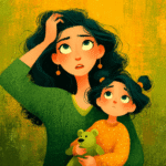 a stressed mother holding her head in one hand and a child holding a toy in the other