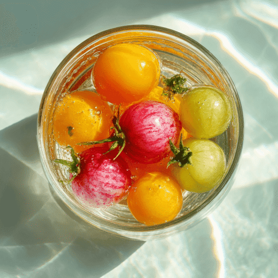 bright-fruits-and-vegetables-soaking-in-clear-water-bowl - dailyglowandgrow Fruits and vegetables in a glass bowl filled with water