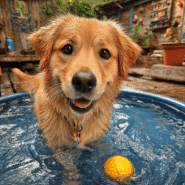 A golden retriever playing in the pool