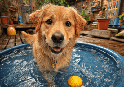 A happy Golden Retriever splashing in a small blue paddling pool