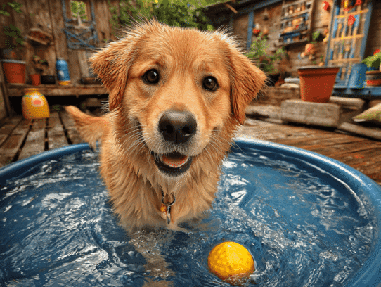 A golden retriever playing in the pool