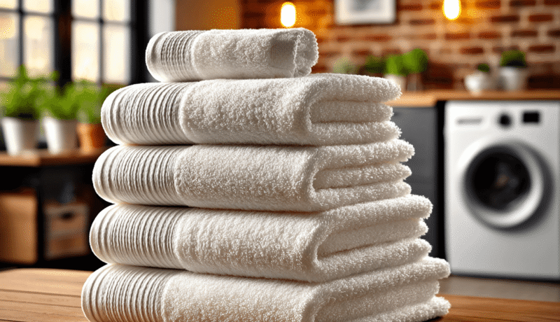 2025 The Complete Guide to Towels and Duvets Care Clean white fluffy towels stacked beside a washing machine
