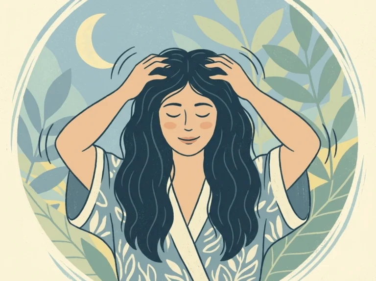 A digital illustration of a woman with long, dark hair wearing a patterned robe, gently massaging her scalp with her fingers while standing in a setting with green leaves and a crescent moon in the background. Her eyes are closed in relaxation.