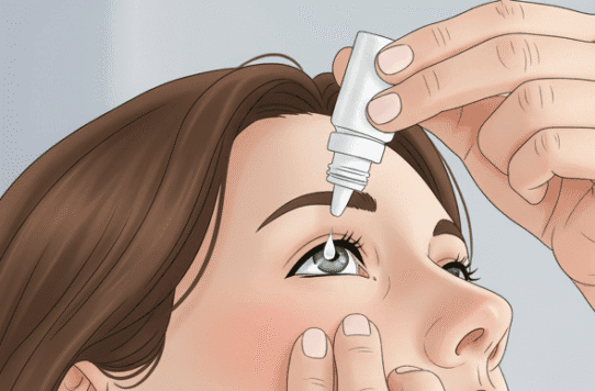 An illustration of a woman putting in artificial tears.