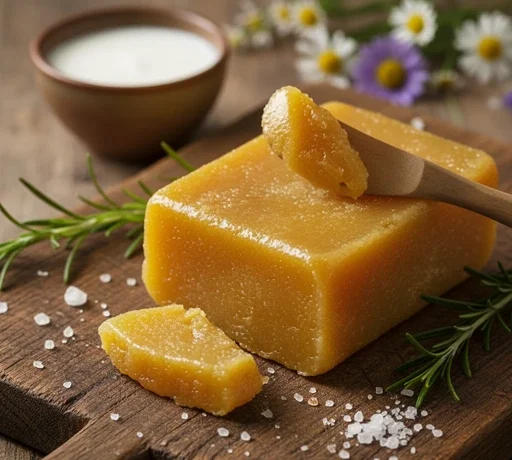 yellow ghee butter resting on a rustic wooden cutting board, with a small piece cut off.