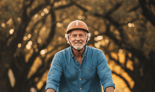 An elderly man with gray hair riding a bicycle and looking straight ahead