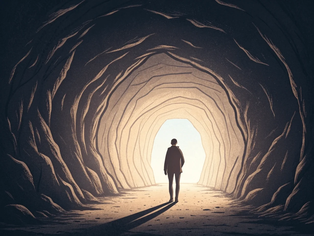 A person standing at the entrance of a dark tunnel - dailyglowandgrow A person standing at the entrance of a dark tunnel, gazing towards the light glowing softly at the end.
