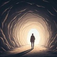 A person standing at the entrance of a dark tunnel, gazing towards the light glowing softly at the end.