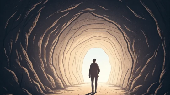 A person standing at the entrance of a dark tunnel - dailyglowandgrow A person standing at the entrance of a dark tunnel, gazing towards the light glowing softly at the end.