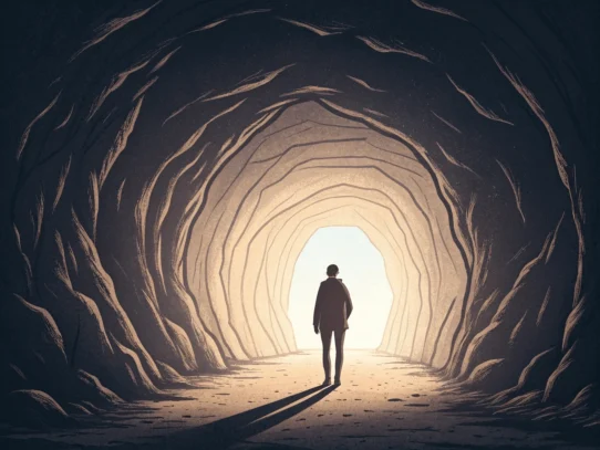 A person standing at the entrance of a dark tunnel - dailyglowandgrow A person standing at the entrance of a dark tunnel, gazing towards the light glowing softly at the end.