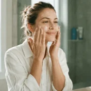 A woman looking in the mirror and applying moisturizer for winter skincare - dailyglowandgrow A woman looking in the mirror and applying moisturizer for winter skincare