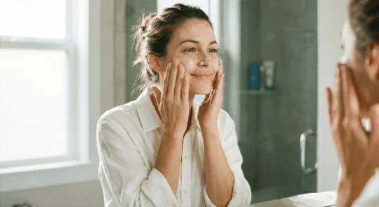 A woman looking in the mirror and applying moisturizer for winter skincare