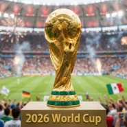 Golden FIFA World Cup trophy - dailyglowandgrow 2026 World Cup trophy with cheering fans and fireworks in a packed stadium.