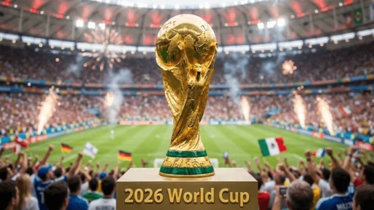 Golden FIFA World Cup trophy - dailyglowandgrow 2026 World Cup trophy with cheering fans and fireworks in a packed stadium.