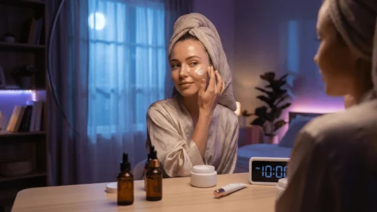 Nighttime Skincare Routine - Woman Applying Night Cream - dailyglowandgrow Woman with glowing skin applying moisturizer in front of mirror at night with skincare products on vanity table