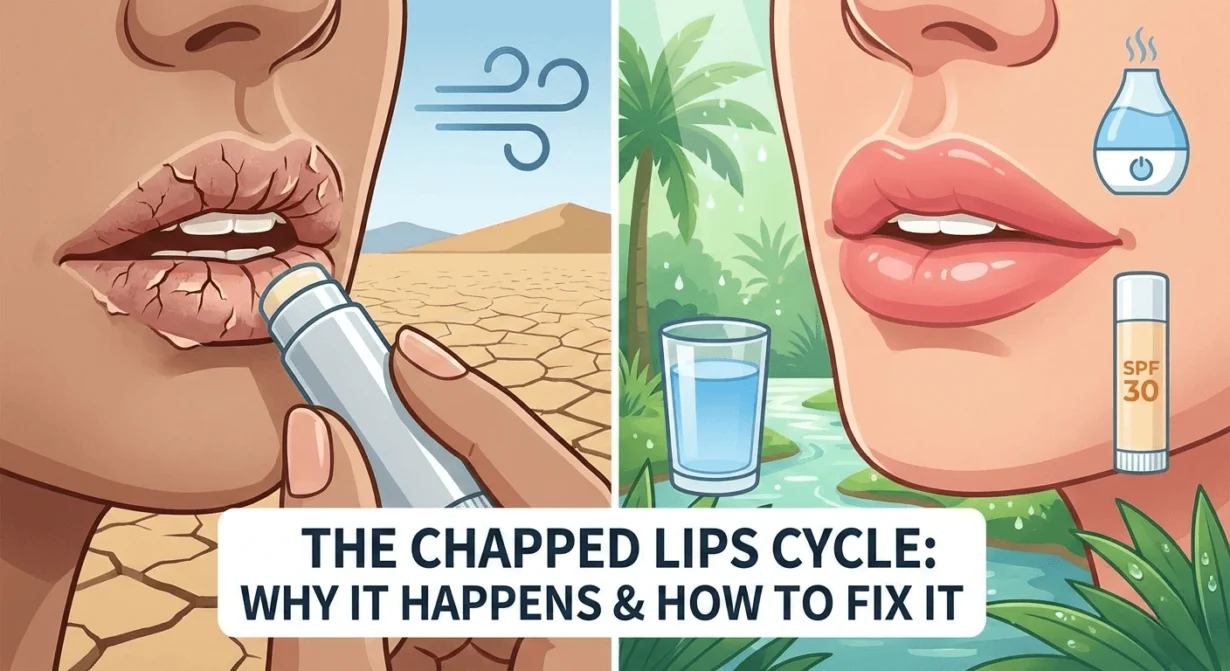Chapped Lips vs Healthy Lips Guide - dailyglowandgrow A split-screen illustration showing dry, cracked lips in a desert landscape on the left and smooth, healthy lips with a glass of water, a humidifier icon, and SPF 30 balm on the right.