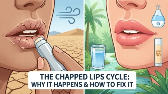 Chapped Lips vs Healthy Lips Guide - dailyglowandgrow A split-screen illustration showing dry, cracked lips in a desert landscape on the left and smooth, healthy lips with a glass of water, a humidifier icon, and SPF 30 balm on the right.