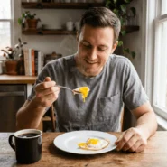 Mastering the Stomach Coating Protocol - dailyglowandgrow A man eating a fried egg as a protective buffer before drinking black coffee to shield his gastric mucosa.