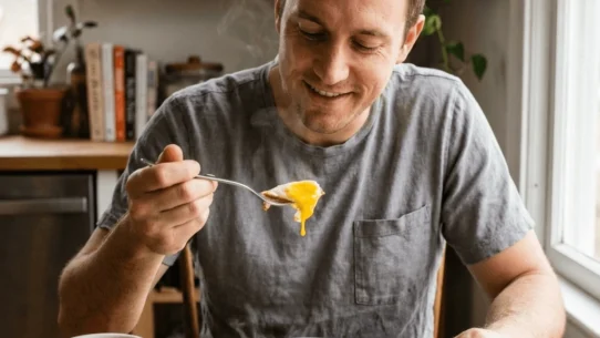 Mastering the Stomach Coating Protocol - dailyglowandgrow A man eating a fried egg as a protective buffer before drinking black coffee to shield his gastric mucosa.