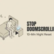 Stop Doomscrolling at Night - dailyglowandgrow Minimal beige illustration of a person placing a phone face down on a bedside table at night with the text “STOP DOOMSCROLLING” and “10-Min Night Reset.”
