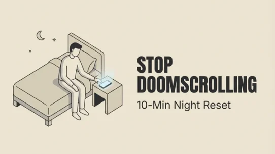 Stop Doomscrolling at Night - dailyglowandgrow Minimal beige illustration of a person placing a phone face down on a bedside table at night with the text “STOP DOOMSCROLLING” and “10-Min Night Reset.”