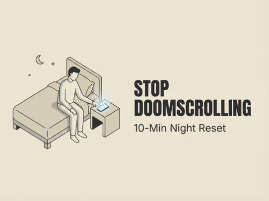Stop Doomscrolling at Night - dailyglowandgrow Minimal beige illustration of a person placing a phone face down on a bedside table at night with the text “STOP DOOMSCROLLING” and “10-Min Night Reset.”