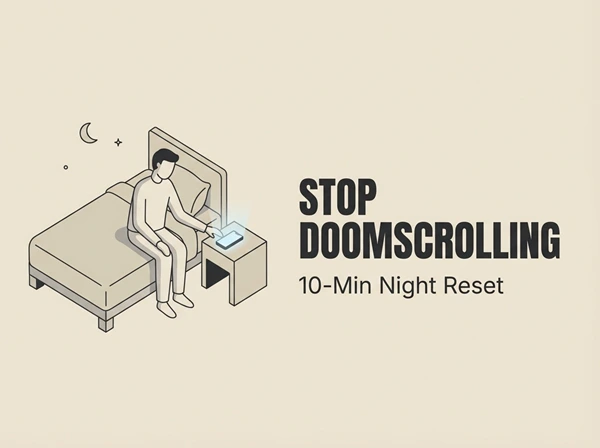 Stop Doomscrolling at Night - dailyglowandgrow Minimal beige illustration of a person placing a phone face down on a bedside table at night with the text “STOP DOOMSCROLLING” and “10-Min Night Reset.”