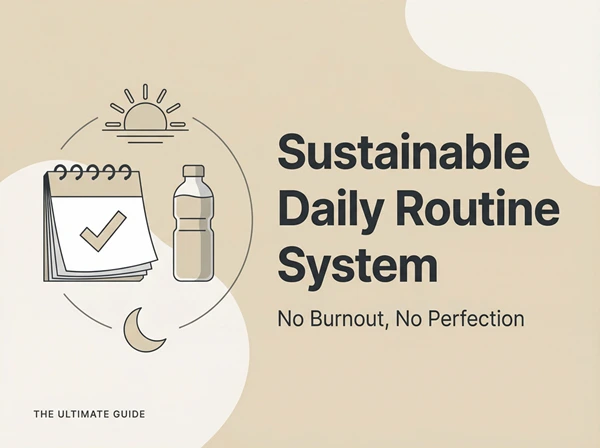 Sustainable Daily Routine System - dailyglowandgrow Minimal beige illustration thumbnail for a sustainable daily routine system using anchors, minimums, and reset rules.