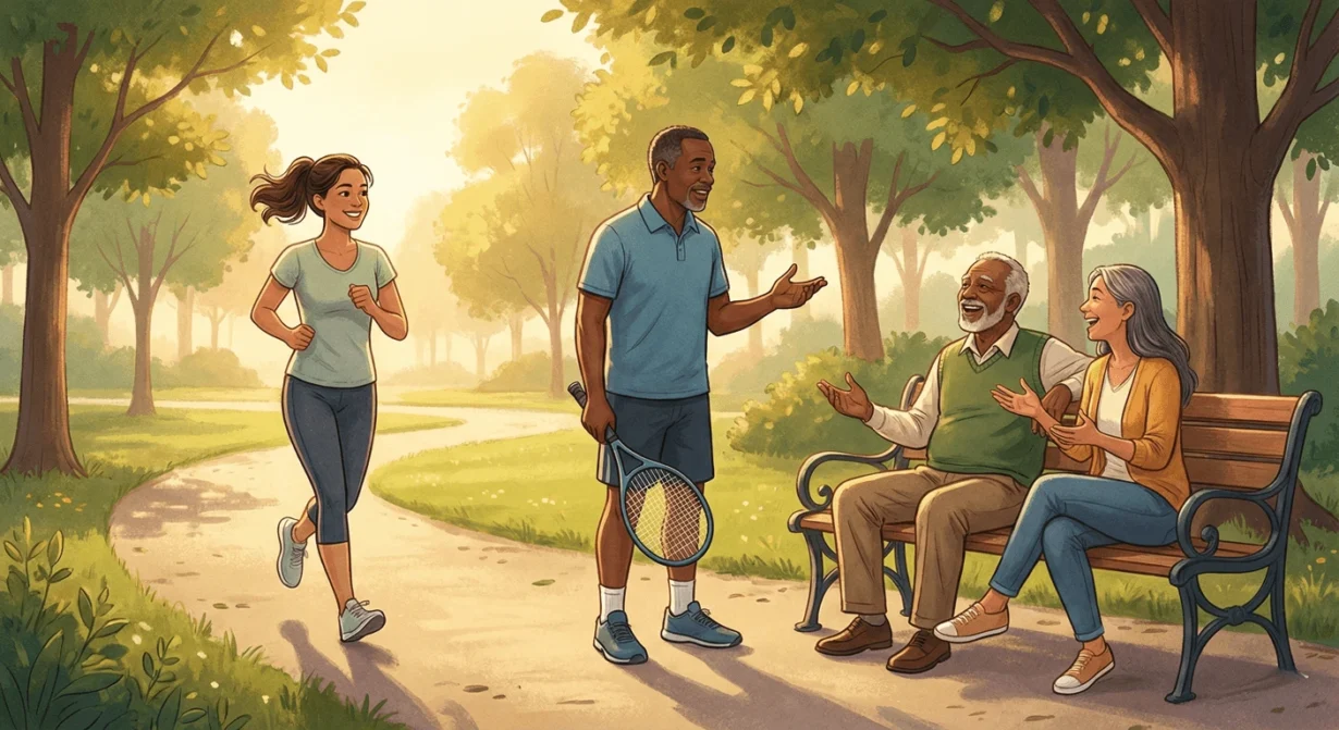 healthy-aging-habits-exercise-social-connection - dailyglowandgrow Illustration of a diverse group practicing healthy aging habits outdoors; a woman jogging, a man holding a tennis racquet, and older adults sitting on a bench to stay connected and avoid social isolation.