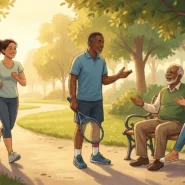 Illustration of a diverse group practicing healthy aging habits outdoors; a woman jogging, a man holding a tennis racquet, and older adults sitting on a bench to stay connected and avoid social isolation.