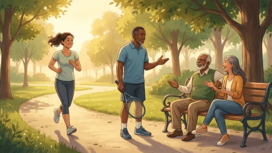 healthy-aging-habits-exercise-social-connection - dailyglowandgrow Illustration of a diverse group practicing healthy aging habits outdoors; a woman jogging, a man holding a tennis racquet, and older adults sitting on a bench to stay connected and avoid social isolation.